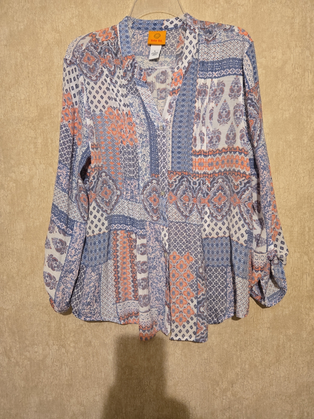 Ruby Rd. Printed Patchwork Peasant Blouse in Blue & Coral